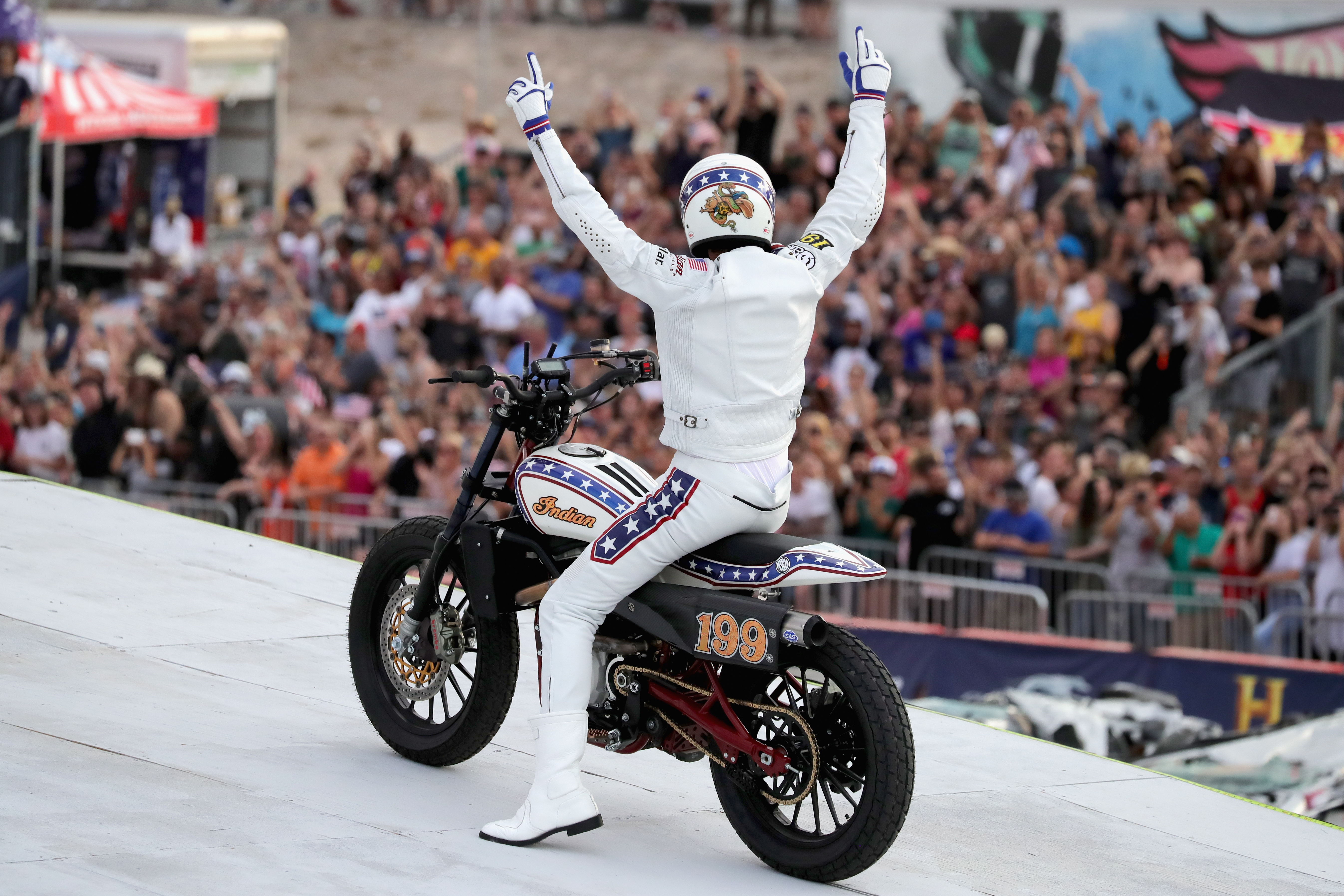LAS VEGAS, NV - JULY 08:  Travis Pastrana peforms during HISTORY's Live Event "Evel Live" on July 8, 2018 in Las Vegas, Nevada.  (Photo by Neilson Barnard/Getty Images for HISTORY)