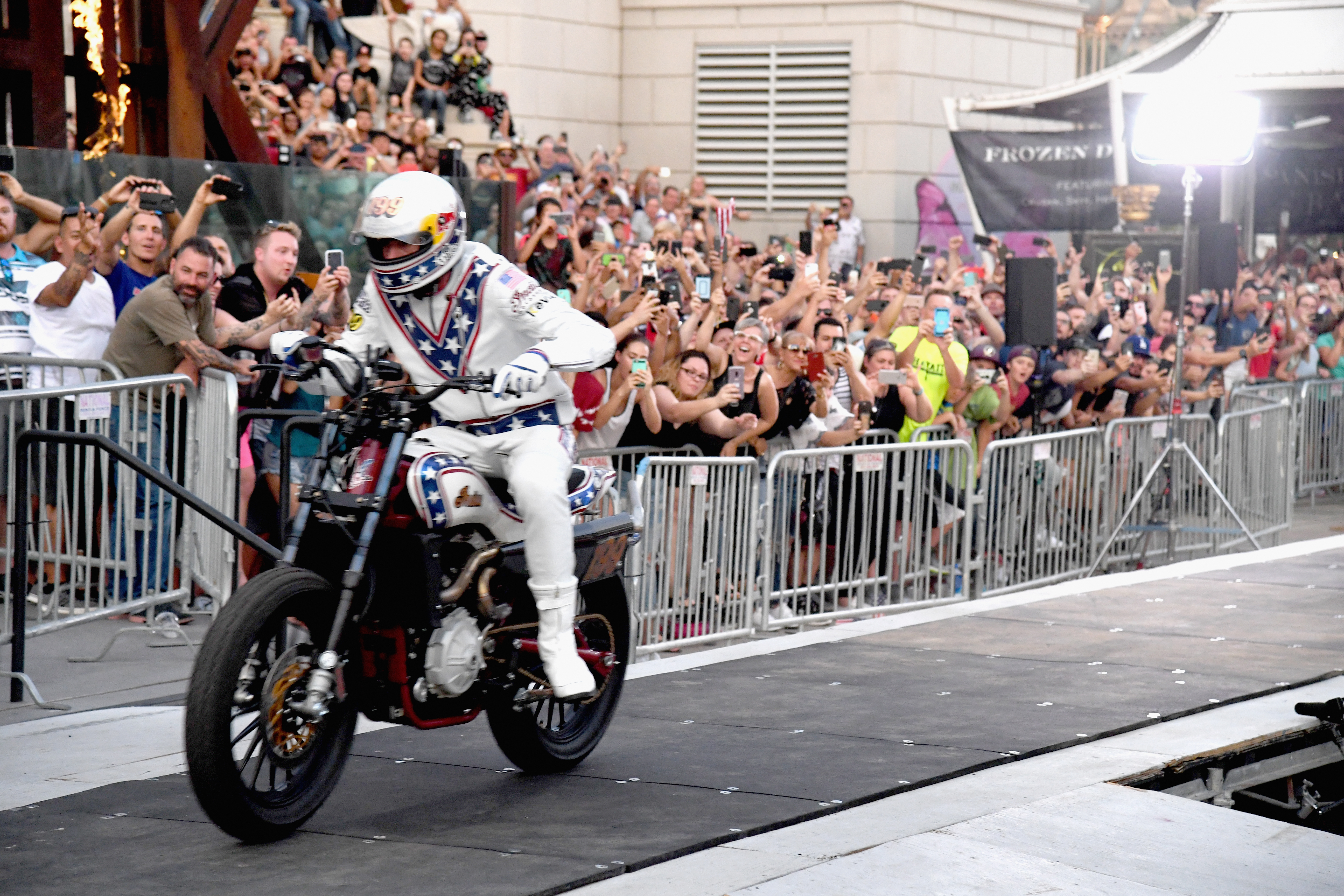 LAS VEGAS, NV - JULY 08:  Travis Pastrana peforms during HISTORY's Live Event "Evel Live" on July 8, 2018 in Las Vegas, Nevada.  (Photo by Ethan Miller/Getty Images for HISTORY)